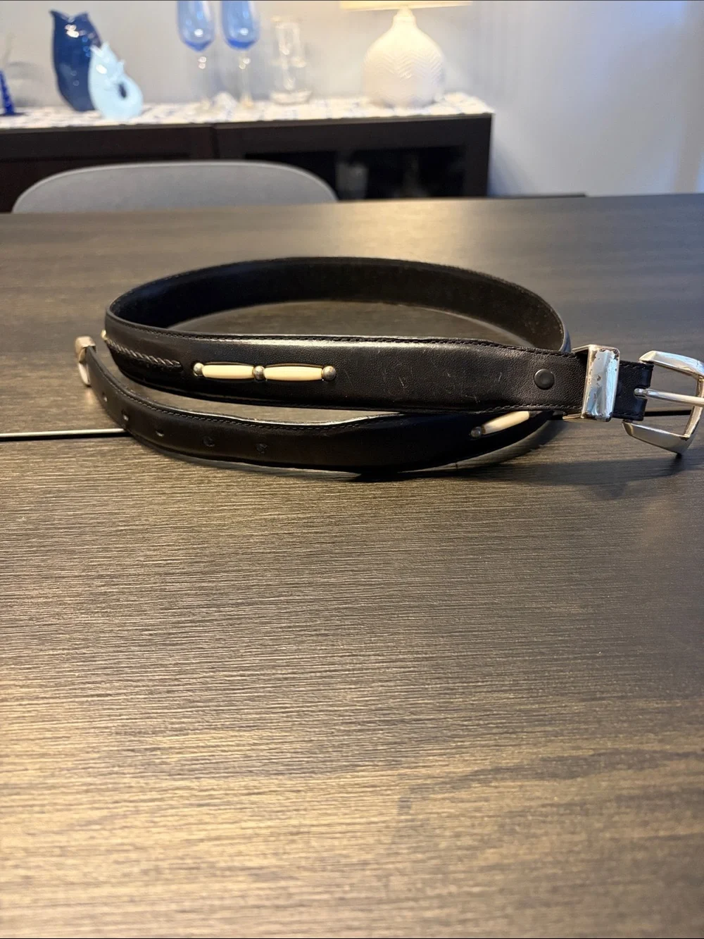 Vintage Onyx by Brighton Black Leather Western Belt Bone Inlay Unisex!